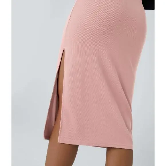NWT Halara Ribbed High Waisted Bodycon Midi Casual Skirt Mellow Rose Medium - Picture 14 of 15